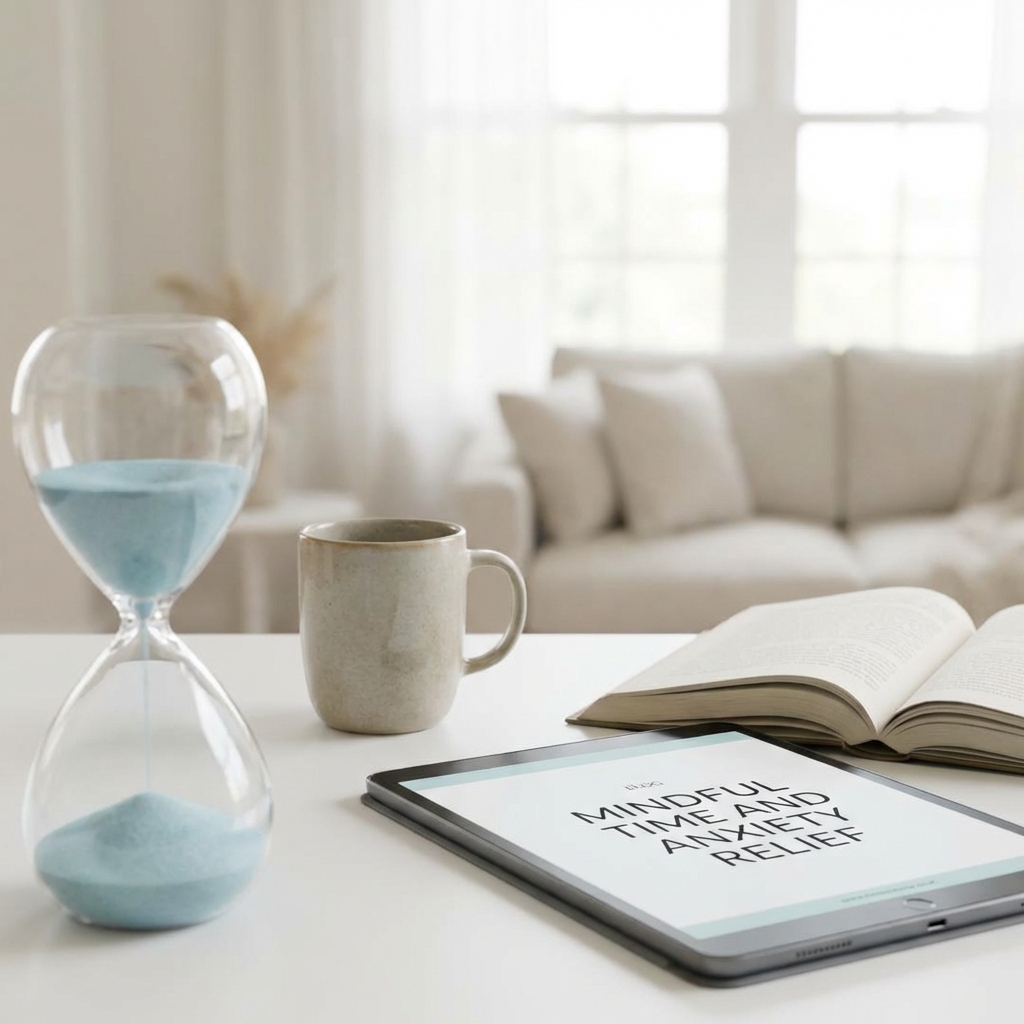 Ampulheta azul em ambiente calmo